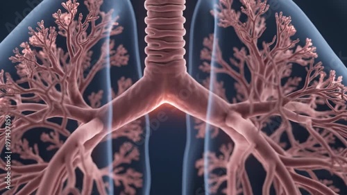 Detailed 3D medical illustration of the human respiratory system showing the trachea with cartilaginous rings branching into the bronchial tree and primary bronchi in close-up.