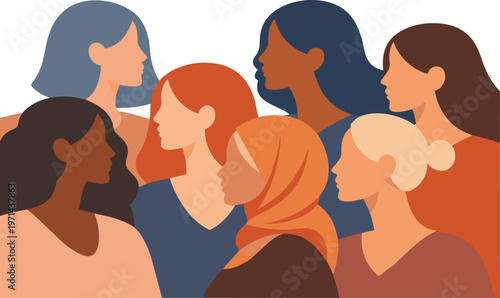 Diverse women side profile portrait showing multicultural identity and inclusion flat vector illustration.