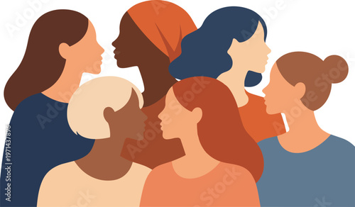 Diverse group of women together showing multicultural unity and inclusion flat vector illustration.