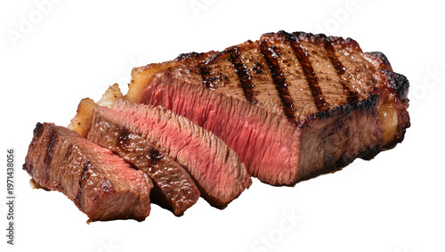 Juicy grilled sirloin steak sliced with grill marks, isolated on transparent background
