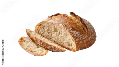 Crusty artisan sourdough bread loaf with two slices, isolated on transparent background