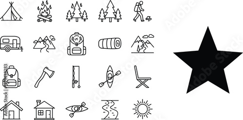 Set of camping and outdoor adventure outline icons including tent campfire hiking backpack mountain gear vector illustration collection minimal design