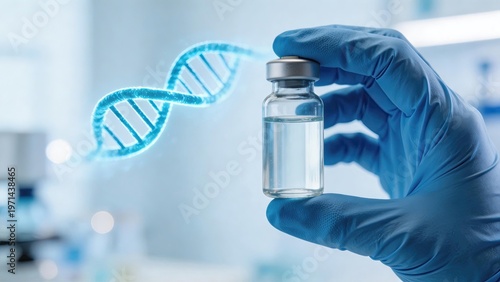 Gloved hand holding vaccine vial with glowing DNA helix in laboratory representing genetic research biotechnology medical innovation and pharmaceutical development for healthcare