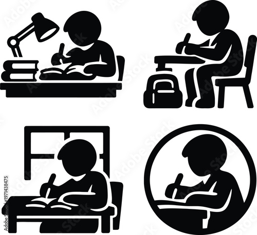 Four black silhouettes of people working on laptops in different layouts office