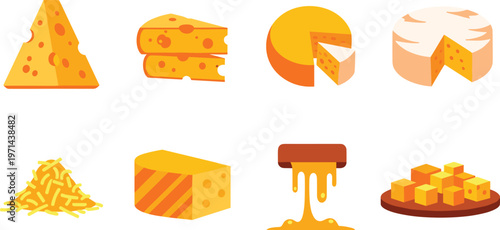 Set of cheese varieties icons including cheddar slice wheel cubes melted dairy products vector illustration collection colorful food design elements