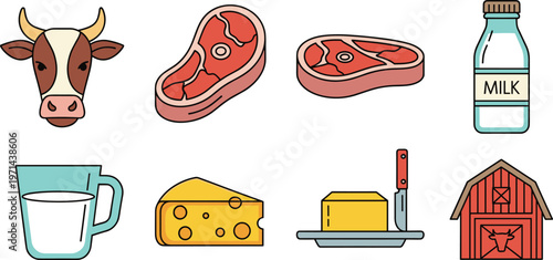 Set of dairy farm and meat products icons including cow milk cheese steak barn agriculture vector illustration collection flat design