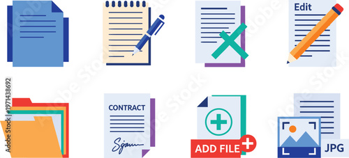 Set of document and file icons including contract edit add file folder paper sheet office vector illustration collection design