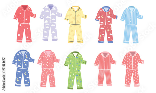 Kids pajamas vector set in flat cartoon style. Collection of colorful pajama outfits in different patterns. Bedtime clothing illustration isolated on white background.
