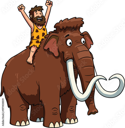 Cartoon caveman riding mammoth, prehistoric man on woolly elephant, funny stone age character, ancient human animal friendship, ice age illustration, vector historical comic design