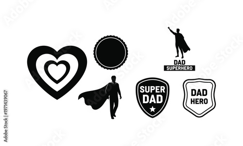 Superhero dad vector silhouette illustration badges with hearts and shields for fathers day.