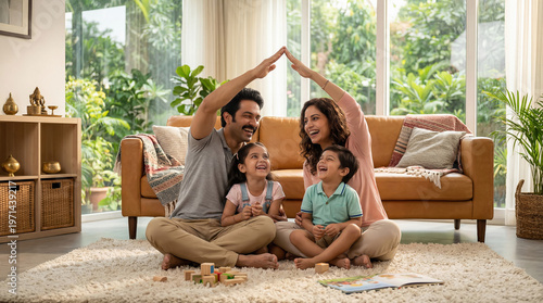 Happy Indian Family Creating Home Symbol in Bright Living Room