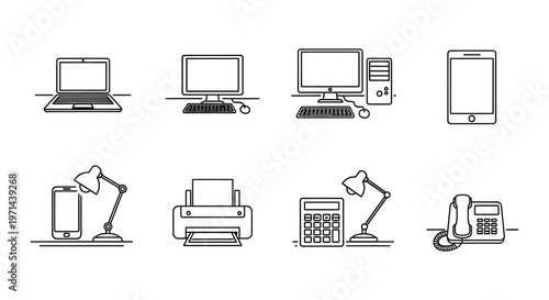 laptop, desktop, monitor, computer, keyboard, mouse, smartphone, tablet, printer, calculator, telephone, lamp, office, equipment, technology, devices, electronics, workplace, modern, minimalist, graph