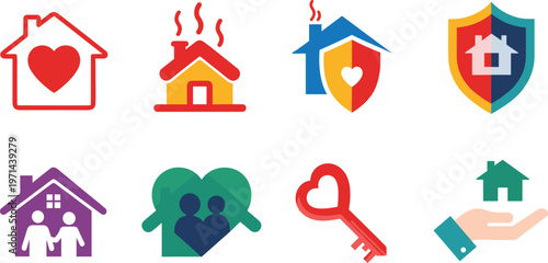 Set of home insurance and real estate icons including house protection family safety shield key property vector illustration collection design