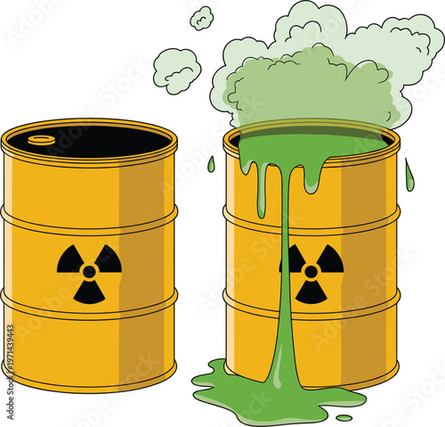 Toxic waste barrels leaking green liquid, radioactive hazard warning, environmental pollution concept vector illustration design