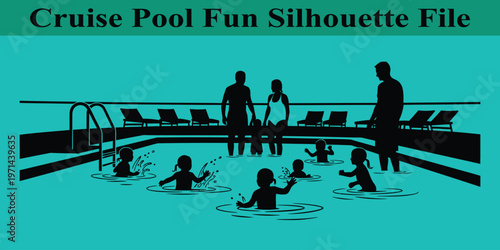 Family fun in cruise ship swimming pool with silhouettes of people playing in water