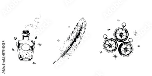 Vintage mystical ink illustration featuring magic potion bottle, feather and antique compasses with celestial sparkles isolated on clean white background.