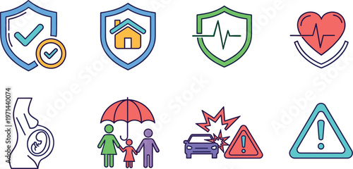 Set of insurance and safety icons including protection shield health car accident family coverage vector illustration collection modern flat design