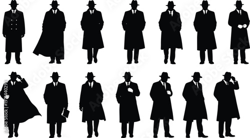 Vintage noir silhouette collection featuring thirteen detective men in trench coats and fedora hats, mysterious spy set isolated on white