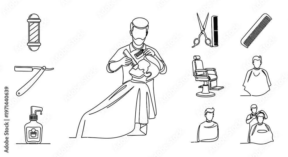 Obraz premium Line drawing depicting a barbershop with tools and customers