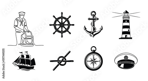 Nautical themed drawings including a sailor ship and lighthouse symbols