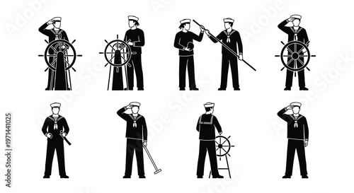 Nautical themed drawings including a sailor ship and lighthouse symbols