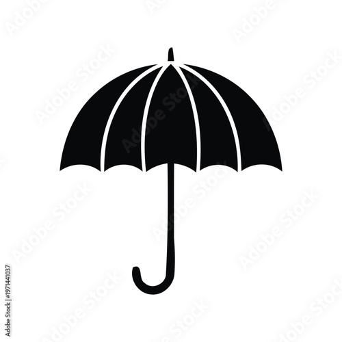 A simple black silhouette icon of an opened umbrella on a transparent background, suitable for various design applications.