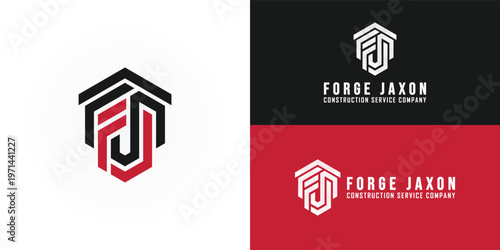 A modern geometric logo featuring intertwined black and red F and J letters within a hexagonal building shape. This symbolises construction and stability that is intended for construction services.