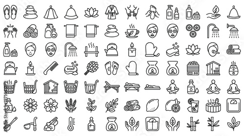 Spa icon set, outline style, vector illustration for wellness and relaxation.