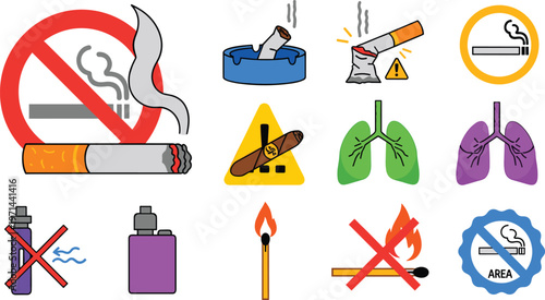 Set of no smoking and anti tobacco icons including cigarette warning lungs fire prohibition vape vector illustration collection modern design