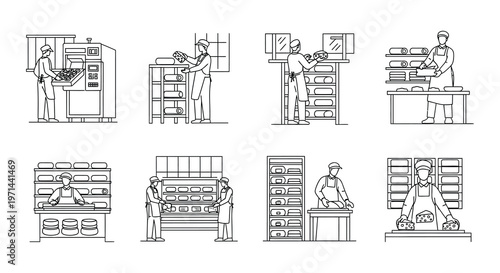 Line drawing of a bustling bakery with staff and various workstations