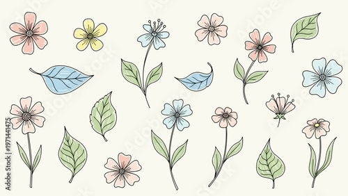 Charming collection of hand-drawn outline flowers and delicate leaves, softly colored with pastel watercolor accents on a warm light beige background.