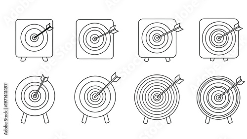 Comprehensive set of target boards of various shapes and sizes, each depicted with an arrow hitting the bullseye in a clean black outline.