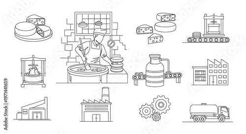Line drawing of a bustling bakery with staff and various workstations