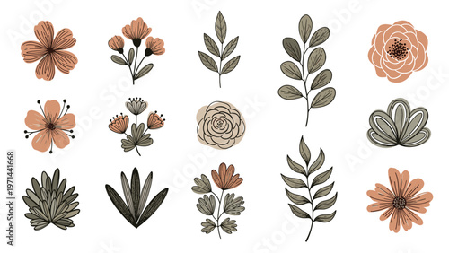 Elegant collection of hand-drawn, stylized flowers and delicate leaves, rendered in a harmonious palette of muted earthy tones with subtle textured details.