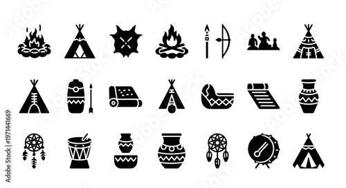 Native American icons, tribal symbols, black vector illustrations, 20 teepee signs