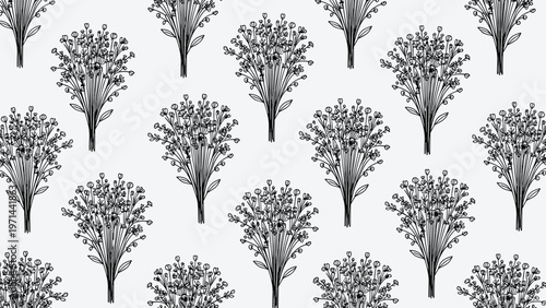 Delicate seamless pattern featuring elegant hand-drawn bouquets of tiny flowers and botanical elements in classic black outline on a serene light gray background.