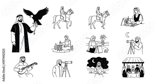 Illustrations of traditional arabian culture and desert lifestyle elements