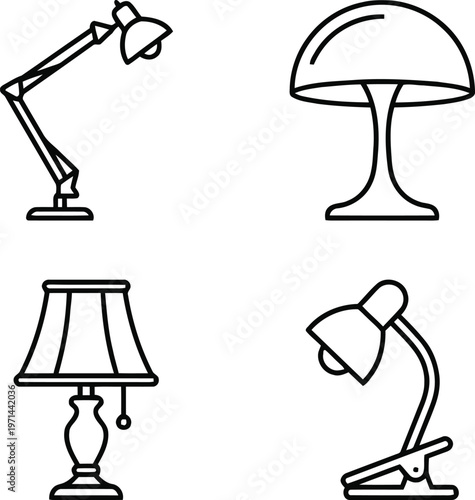 Four types of common desk and floor lamps in simple black line drawings isolated on white background, Vector