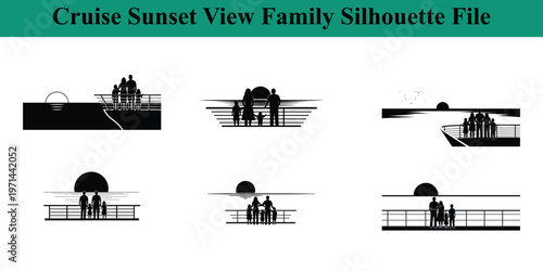 Family silhouettes on cruise ship deck at sunset  people on vacation  travel
