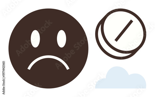 Mental health, medication, depression, sadness, emotional wellbeing, treatment. A sad face next to a pill and a cloud. Depression and medication concept for mental health treatment