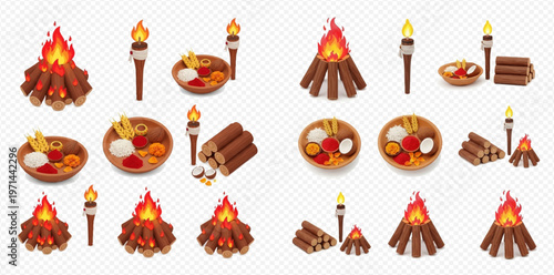 Set of Lohri and Makar Sankranti festival elements, including bonfires, torches, and traditional offerings, on a transparent background.
