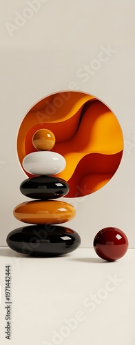 Minimalist wellness composition with amber resin sphere and balancing stones