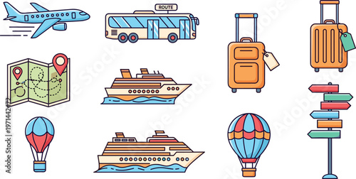 Travel transportation icons set featuring airplane bus cruise ship luggage map balloon and direction sign for tourism journey and vacation design