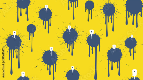 Dynamic seamless pattern featuring bold dark blue paint splatters and expressive drips, reminiscent of urban graffiti spray paint marks on a vibrant yellow background.