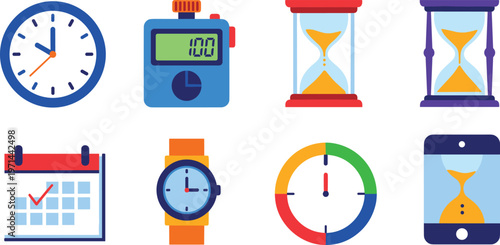 Set of time management and clock icons including stopwatch hourglass calendar wristwatch timer schedule vector illustration collection modern design
