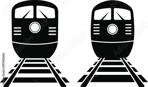 Train front view icons set, railway transport silhouette, metro locomotive vector illustration isolated design
