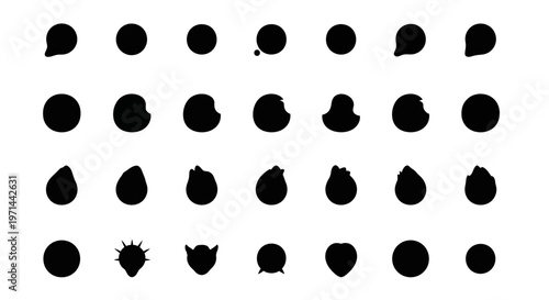 Black silhouette icons, vector berry shapes, fruit symbols, 30 elements