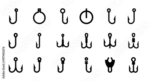 Fishing hooks, black hook icons, fishing equipment, vector set
