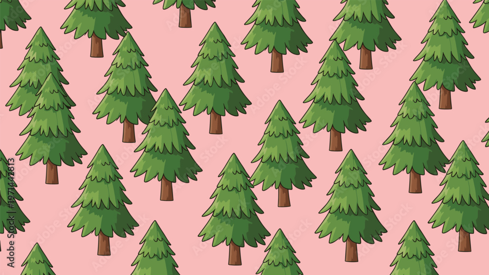 Obraz premium Whimsical seamless pattern featuring charming cartoon-style pine trees in vibrant green with sturdy brown trunks, all set against a soft, light pink background.