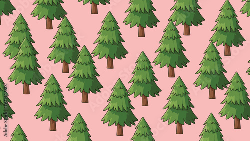 Whimsical seamless pattern featuring charming cartoon-style pine trees in vibrant green with sturdy brown trunks, all set against a soft, light pink background.